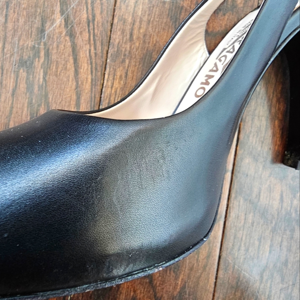 8.5 Salvatore Ferragamo Black Peep-Toe Slingback Heels Pumps - Picture 13 of 14